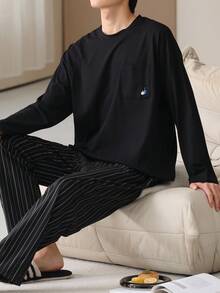 AICJ 2pcs Men's Casual Loose Sleepwear Set, Suitable For Party, Home, Travel, Young, Homewear, Round Neck Long Sleeve Top With Pocket, Side Stripe Pants, Knit Fabric, Spring/Autumn/Winter, Fall Clothes
