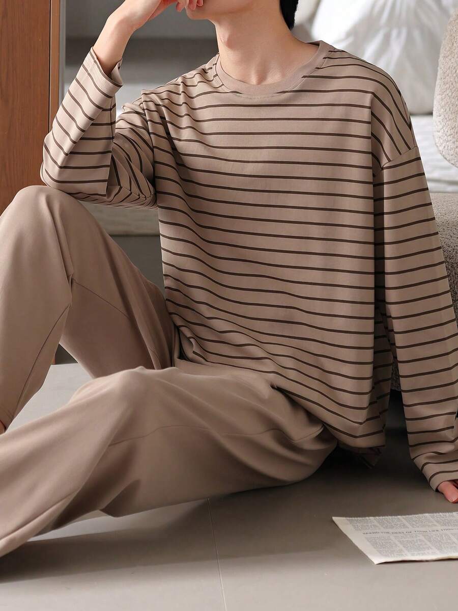 AICJ 2 件男士休闲宽松条纹圆领长袖套头衫和长裤睡衣套装，适合派对、居家、旅行、春季、秋季、冬季、秋季服装
