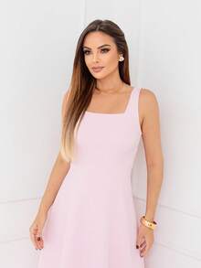 YAN FASHION Women's Midi Tailored Dress, Elegant Godet, Wide Strap, Square Neckline, Christmas - Màu Hồng baby - Xem 2