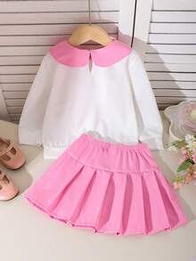 Conjunto de 2 Peças Blusa de Manga Longa Elegante com Gola e Saia para Meninas