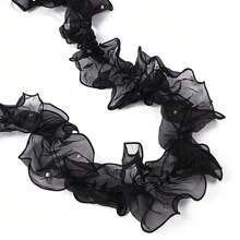 1 Roll/200cm Densely Pleated Beaded Tulle Lace Ribbon, Floral Packaging Satin Ribbon, Shiny Pearl Wavy Organza Ribbon, Suitable For Halloween, Christmas Gift Wrapping