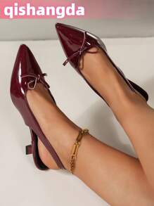 [Qishangda] French Style New 2025 Patent Leather Pointed Toe Bowknot Low Vamp Thin Heels Sandals, Red