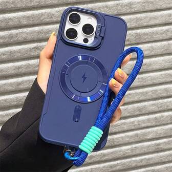 1 件豪华 Lightning 磁吸手机壳，带短尼龙挂绳相机支架，适用于 iPhone16 15 14 13 12 11 Pro Max Plus 柔软硅胶后盖，防水防震防摔防刮