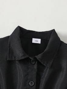 女童夏季泡泡袖拼接下摆连衣裙 + 吊带纽扣开衫牛仔上衣套装，时尚百搭返校装 - 黑色 - 查看 5