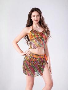 Glitter Sequin Tassels Dress Sets Women 2 Pieces Outfits Crop Tight Cami Tops Bag Hip Mini Skirts Sparkle Fringe Suit Halloween - Multicolor - View 29