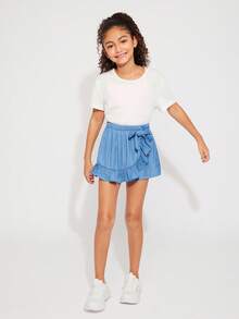 Radiana Tween Girl Ruffle Trim Bow Front Skort - Blue - View 3