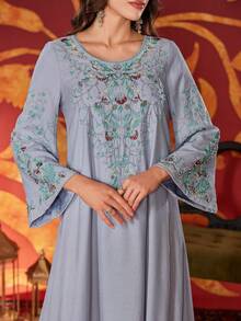 Women's Round Neck Embroidered Elegant Bubble Pearl Everyday Arabian Dress - Sky Blue - View 8