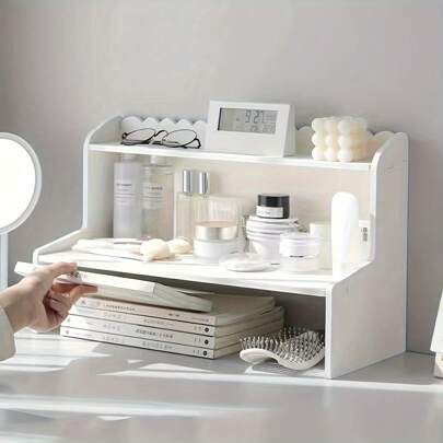 1pc Wooden Desktop Storage Rack, White Color, Cosmetic Organizer, Student Desk Storage Shelf