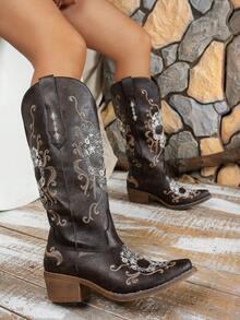 Women Western Boots With Stiching   Western    Buckle  Embroidery    Holiday - 咖啡棕 - 查看 2