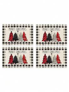 4/6 piezas Manteles individuales con estampado a cuadros búfalo de árbol de Navidad, estilo retro de lino aislado antideslizante, adecuados para decoración de mesa de cocina en el hogar, ambiente navideño, decoración rústica, suministros para fiestas, regalo