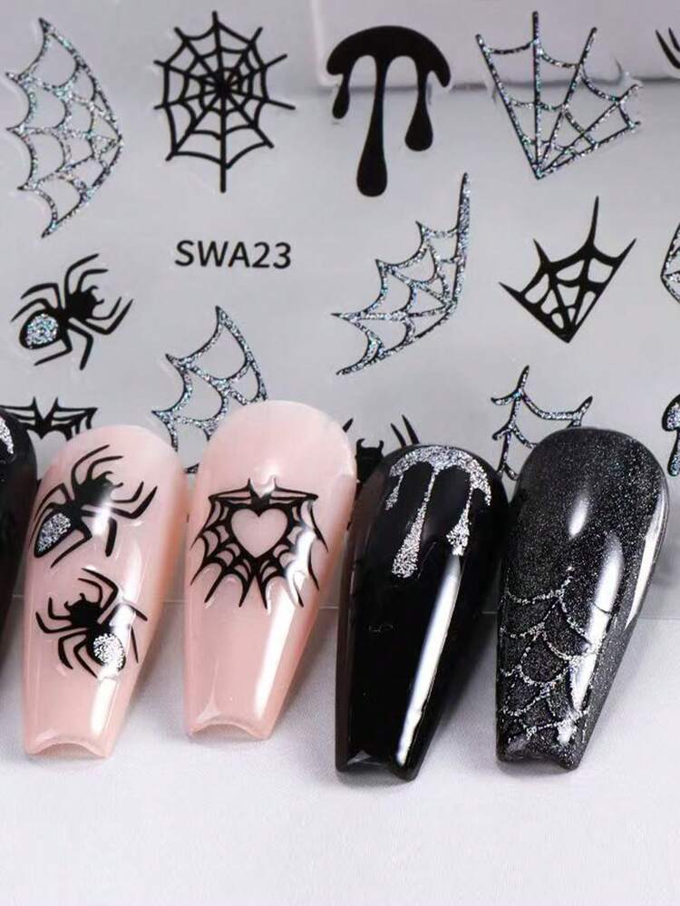 1/7pcs Halloween Spider Nail Stickers, Fashionable Rhinestone Spider Web, Heart, Star Nail Art Decals, Fashionable DIY Nail Decoration, Suitable As Gift For Family, Girlfriend, Best Friend - Multicolor - View 8