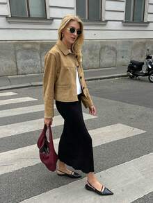 Autumn Thin Stylish Loose Old Money Style Suede Jacket In Khaki Color With Lapel For Women, Featuring Pockets. - Khaki - View 7