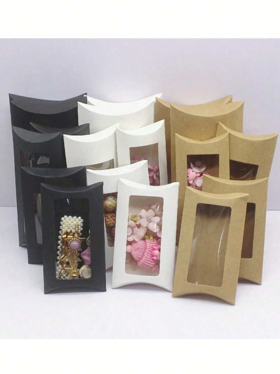 12pcs Kraft Paper Mini Pillow Boxes With Clear Window, Gift Packaging Boxes For Baking, Candy, Chocolate, Jewelry Display, Wedding, Party, Birthday, Bridal Shower, Bachelor/Bachelorette Party, Graduation, Halloween, Christmas