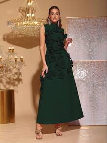 Nowa, elegancka, dopasowana sukienka bez rękawów z wysokim kołnierzem i motylkową wstążką, zdobiona motywem kwiatowym 3D, idealna dla gości weselnych, druhen, na przyjęcia świąteczne i formalne wieczorowe - Ciemnozielony - Zobacz 1