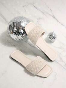 Sandales/Mules de sport pour femmes, faux perles, strass, bout ouvert, couleur unie, bride décontractée, sandales plates à talon bas, confortables pour l'extérieur et les vacances - Blanc - Voir 4