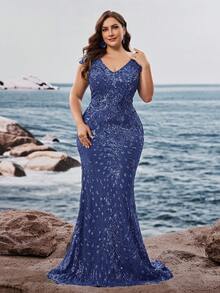 Vestido largo elegante y lujoso con cuello en V de lentejuelas elásticas, ajuste ceñido y diseño de bajo de cola de pez, talla grande, que hace que las mujeres se vean talla grande jóvenes y encantadoras, adecuado para diversas fiestas, graduaciones, bodas, eventos y diversos banquetes y fiestas de baile, vestido de gala formal para mujeres (edición de lujo, azul polvoriento)