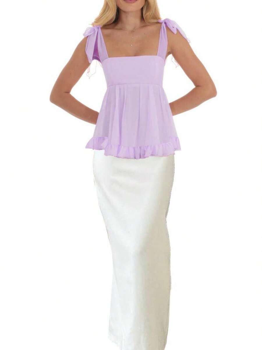 Womenacute;S Square Neck Tank Tops Backless Sleeveless Solid Color/Flower Print Ruffle Hem Tie Up Camisoles - Violet - View 1