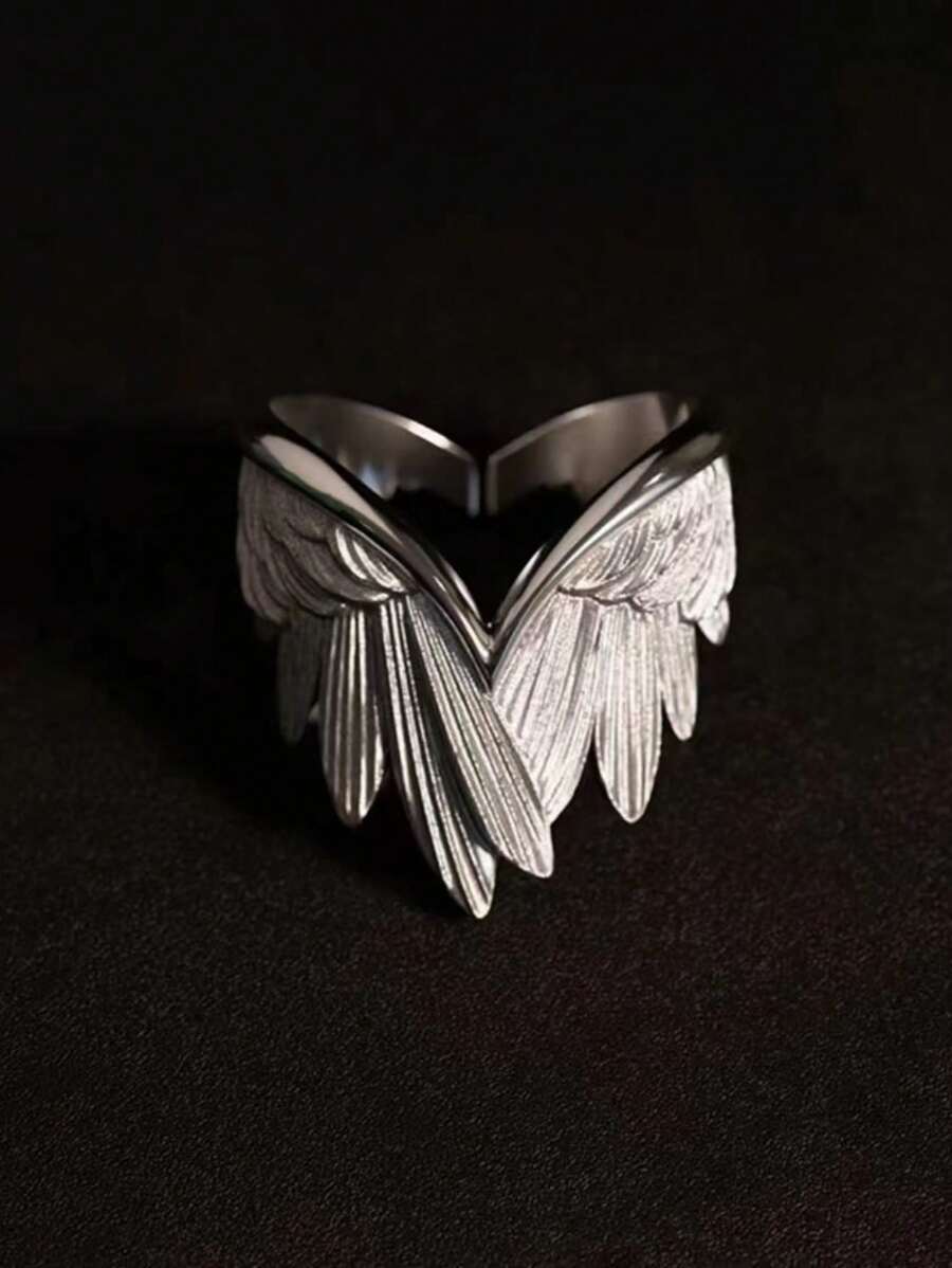 1pc Creative New Angel Wings Ring, Unisex Heart-Shaped Protective Pose Feather Adjustable Open Ring