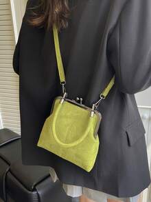 2025秋冬新款时尚复古绒面材质手提包，可拆卸女士单肩包，带纽扣开合钱包。简约绿色斜挎包 - 綠色 - 查看 3