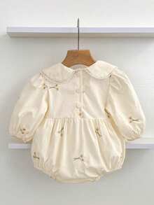 女婴彼得潘领刺绣长袖连体衣，春秋季 - 杏色 - 查看 3