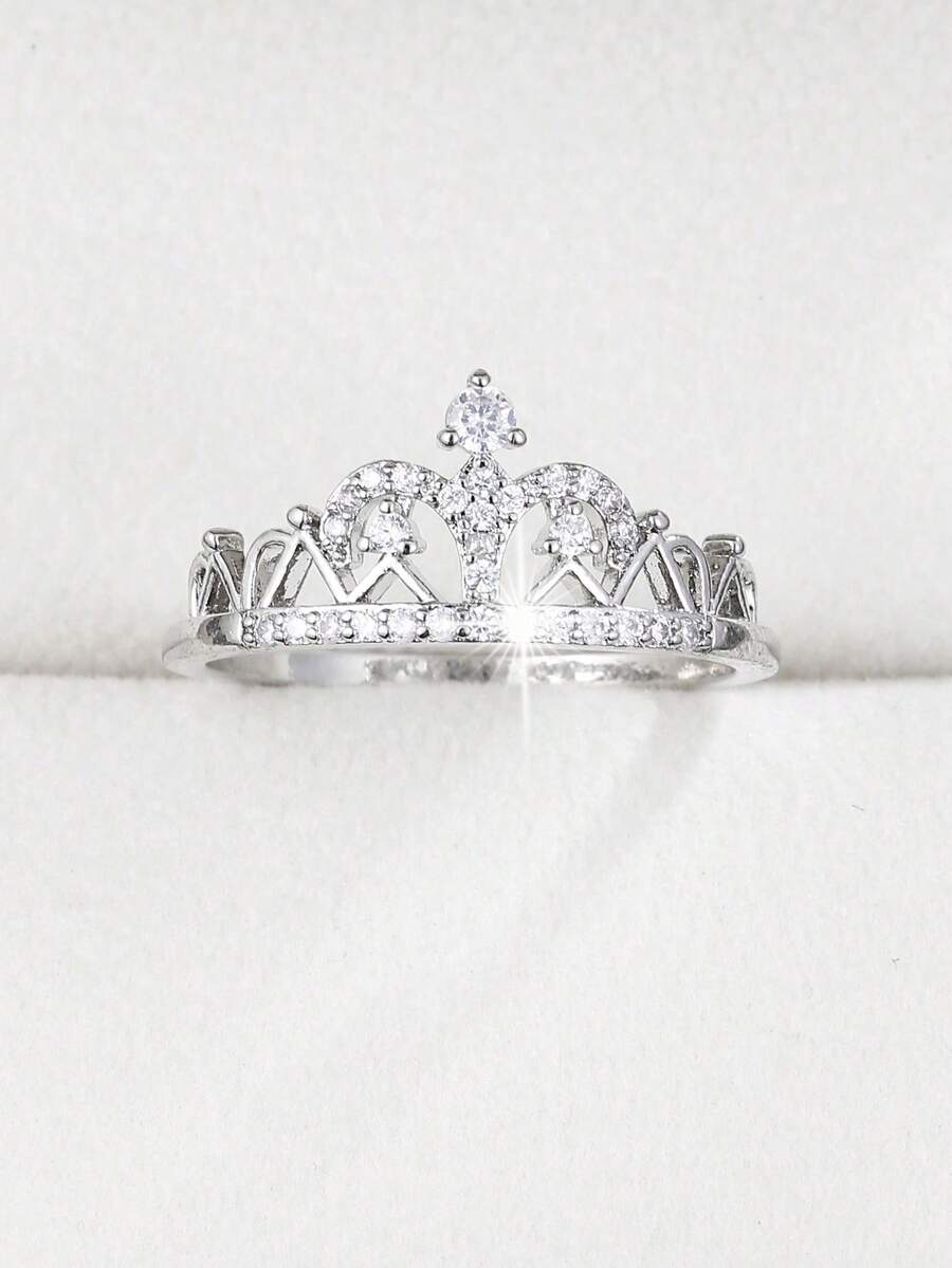 1pc Elegant Crown Shaped Cubic Zirconia Ring For Women - 56306 Silver + White - View 1
