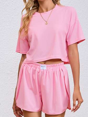 2 件套女士纯色休闲短袖上衣和阔腿短裤套装夏季家居服，两件套服装