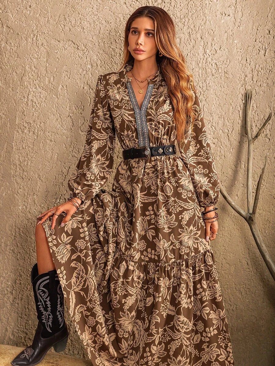 Rusttydustty Women's Dark Blue Randomly Printed V-Neck Long-Sleeved Dress Bohemia Tourism Music Festival