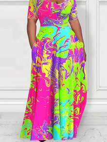 Elegant Plus Size Women's Colorful Tie-Dye Maxi Dress  Short Sleeve Round Neck Flowing Dress With Pockets - 彩色 - 查看 2