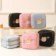 1pc Cartoon Cat Double-Layer Sanitary Pad Storage Bag, Lipstick Foundation Eyeshadow Cosmetic Organizer Bag, Large Capacity Portable Feminine Hygiene Pad Pouch, Wallet, Purse In Purse, Valentine's Day Gift, Back To School - Multicolor - View 6