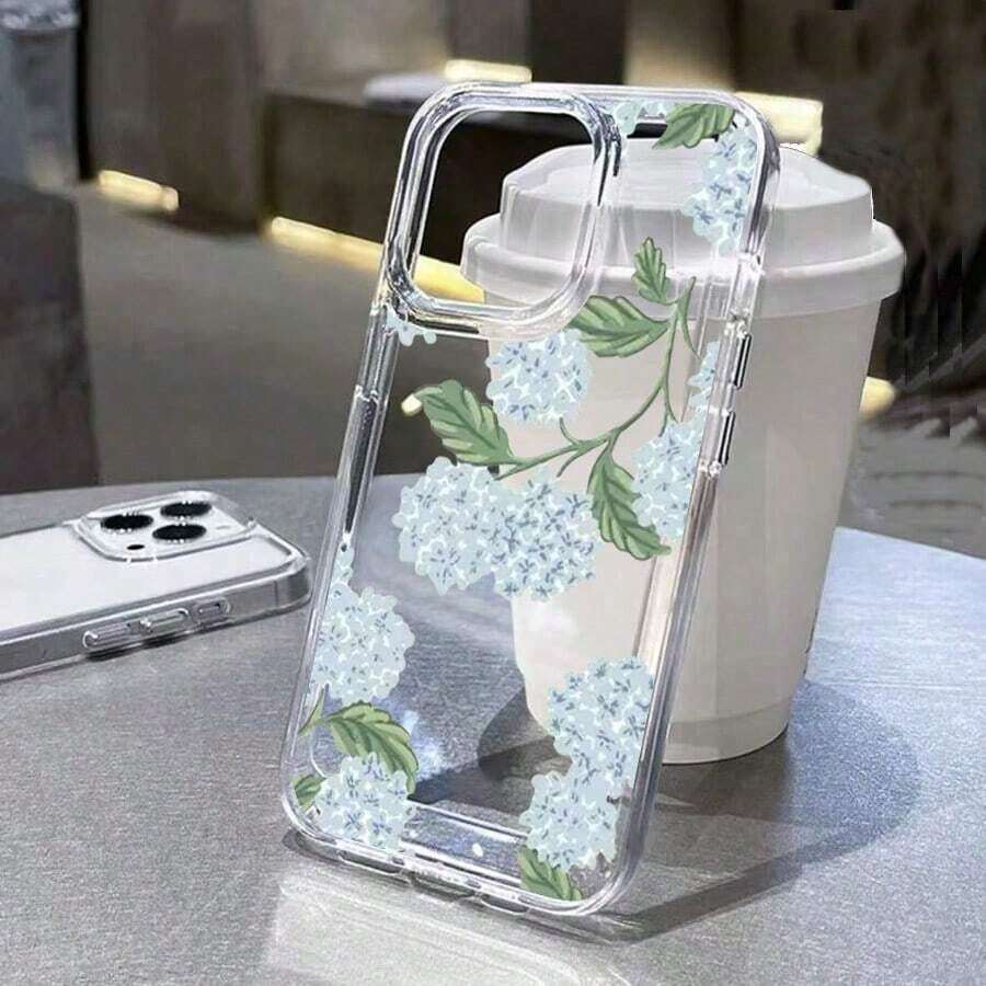 Teléfono 1 unidad. Elegante diseño de fondo con estampado floral de hortensias azules. Funda con esquinas acolchadas para phone 15 Pro/16/15/14/13/12/11 Pro. Resistente a golpes, ultrafina y antirrayas. Ideal para chicas. - transparente - Ver 1