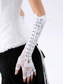 1 双花卉蕾丝铆钉系带派对和万圣节时尚手套 - 純色 - 查看 5