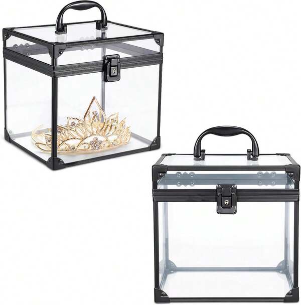 Portable Makeup Case Clear Crown Box Cosmetics Display Case Toiletry Organizer Box Transparent Acrylic Artists Train Case Travel Makeup Tools Storage For Vanity Bathroom Counter Dresser Case