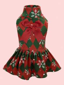 1 件格子雪花高领天鹅绒狗狗连衣裙圣诞节小狗裙子服装宠物服装猫服装带蝴蝶结适合小型犬 - 彩色 - 查看 8