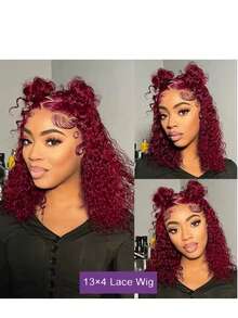 99J 酒红色短款波浪卷发假发，真人发假发，水波纹假发，带婴儿发，13x4 蕾丝前额真人发波波头假发，女士万圣节服装