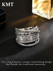 KMT 1pc Luxury White Zirconia Stone Ring For Women - Multi-layer - View 1