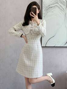 RUIWY 女士春夏长袖休闲串珠优雅格子收腰修身杏色连衣裙