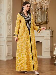 Women's Middle Eastern Ramadan Ramadan Embroidered Patchwork Long Sleeve Dress, Elegant Abaya For Formal Occasions, Autumn/Winter