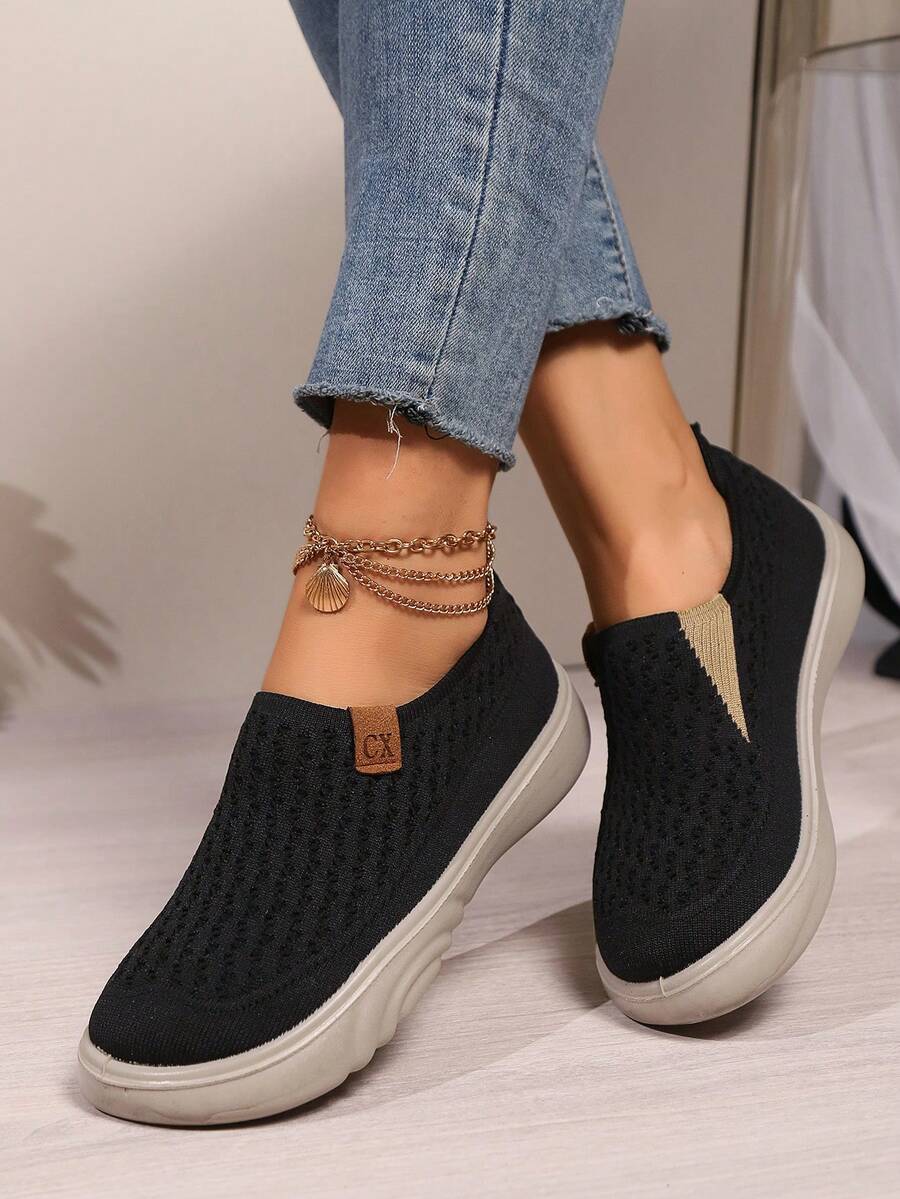 女士针织弹力厚底透气一脚蹬休闲运动鞋 - 黑色 - 查看 1