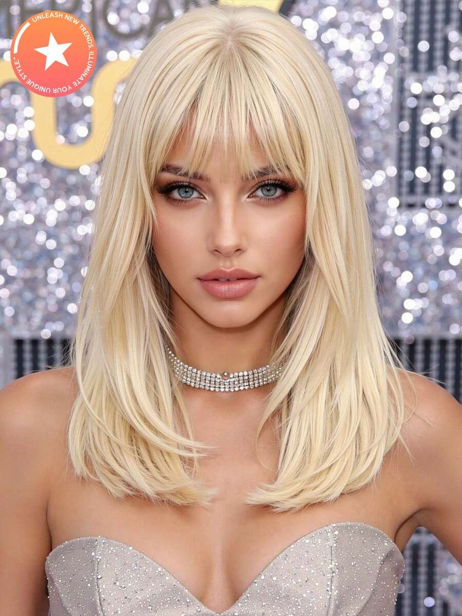 FIVE STARS 14 英寸金色鲍勃短直发带刘海耐热合成假发，适合女士时尚自然发型，适合派对角色扮演万圣节日常穿着