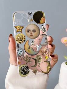 1pc Fashionable Personalized Face, Moon & Star Pattern Full Coverage TPU Phone Case Compatible With IPhone 16/16Pro/16Plus/15/15ProMax/15Pro/11/12/13/14ProMax/12Mini/13Mini/11Pro/11ProMax/12Pro/12ProMax/13Pro/13ProMax/14Pro/14ProMax, Soft Creative High-End Design - Multicolor - View 3