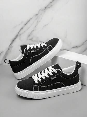 男士时尚黑色拼接低帮平底系带经典滑板鞋，百搭简约情侣户外休闲运动徒步运动鞋