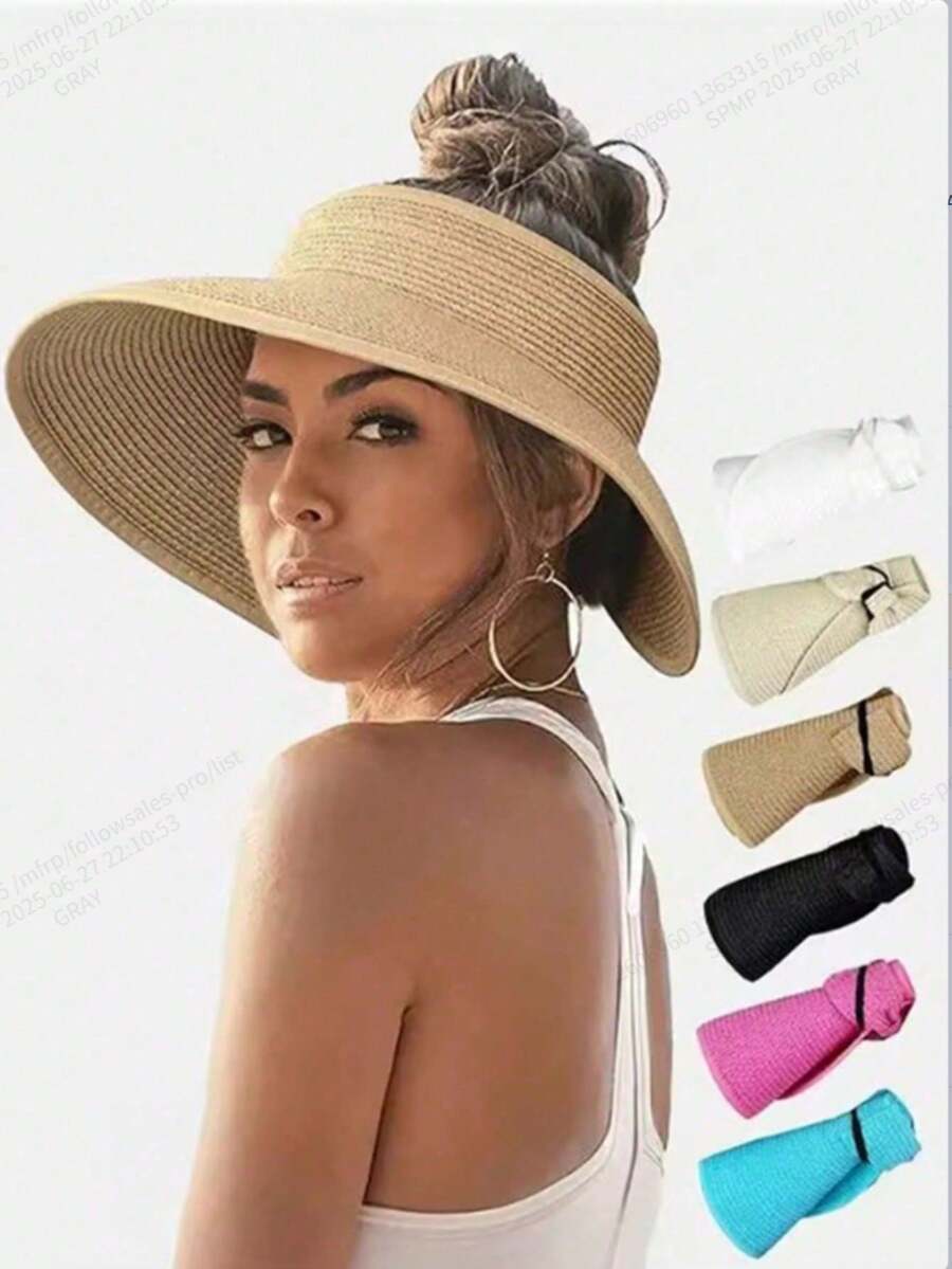 1 件可调节无檐草帽，新款夏季时尚男女通用防紫外线可折叠宽檐太阳帽，休闲百搭波西米亚复古街头优雅风格，涤纶面料，适合春夏季 - A - 查看 1