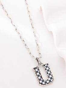 1pc Western Country Style Vintage Textured CCB Multicolor Leopard Print Black & White Plaid 26 Letter Minimalist Pendant Necklace, Sweater Chain