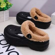 Thermal Lined Clogs For Women, Thick Sole Slip-On Shoes, Solid Color Outdoor Wear, 2025 New Thick Bottom Warm Cute Closed Toe Fluffy Slippers, Anti-Slip Nurse Shoes, Indoor/Outdoor Fashion Thermal Lined Clogs - Black - View 2