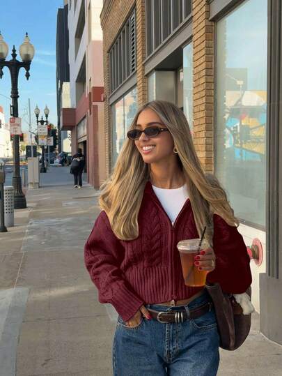 Senya Nuevo Cárdigan de Punto Trenzado con Cuello Oversize y Doble Cremallera para Otoño/Invierno, Cárdigan Casual Holgado de Hombros Caídos, para Uso Diario, Maestros, Aeropuerto, Día de San Valentín de Invierno, Año Nuevo