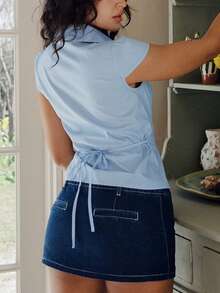 Women Y2k Button Down Shirt Top Tie Back Blouse Cap Sleeve Lapel Ruched Front Slim Fit T Shirts Crop Tops Summer Casual Going Out Tops Vintage Aesthetic Clothes Retro Blouse Streetwear - 藍色 - 查看 2