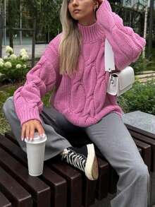 Jersey de punto para mujer con detalles de punto acanalado, manga larga, longitud regular, tela con estiramiento medio, cálido y cómodo