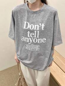宽松圆领字母印花休闲时尚短袖T恤，女式美式上衣 - 灰色 - 查看 2
