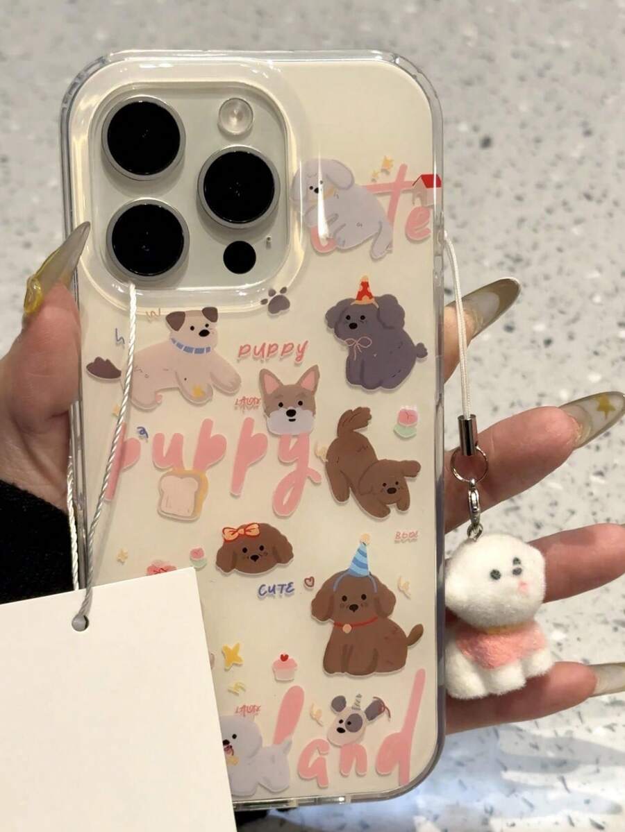 可爱小狗全屏挂件手机壳，兼容 17 Air、17 Pro Max、16、15 Pro Max、13、14 Pro、12、11 Plus，果冻软硅胶涂鸦保护套