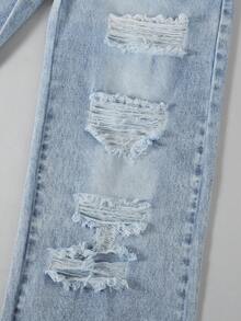 2pcs/Set Girls Casual Everyday Butterfly Jacquard Top And Distressed Light Wash Denim Jeans Pants